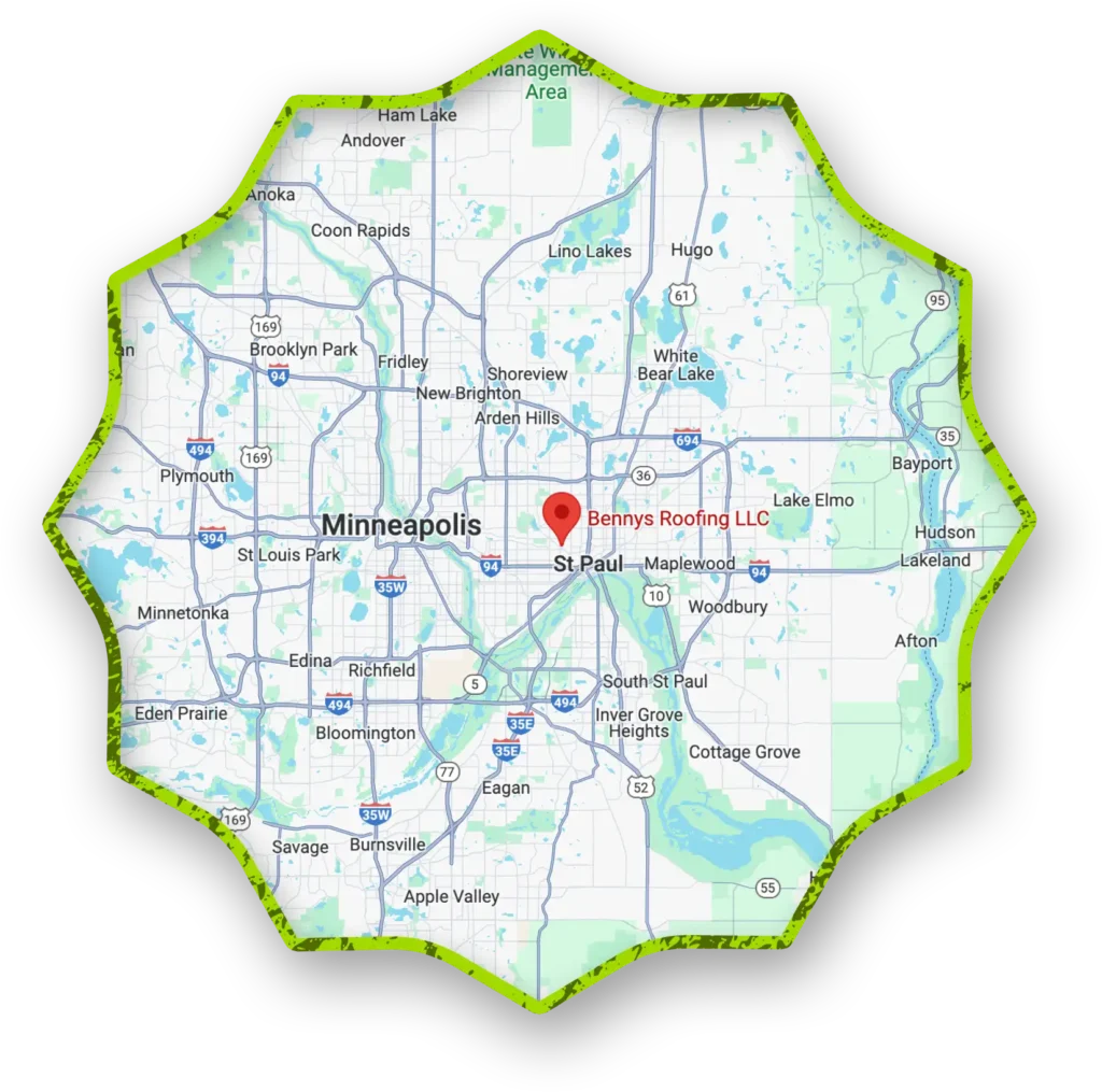 Bennys Roofing Service Areas Map in Twin Cities